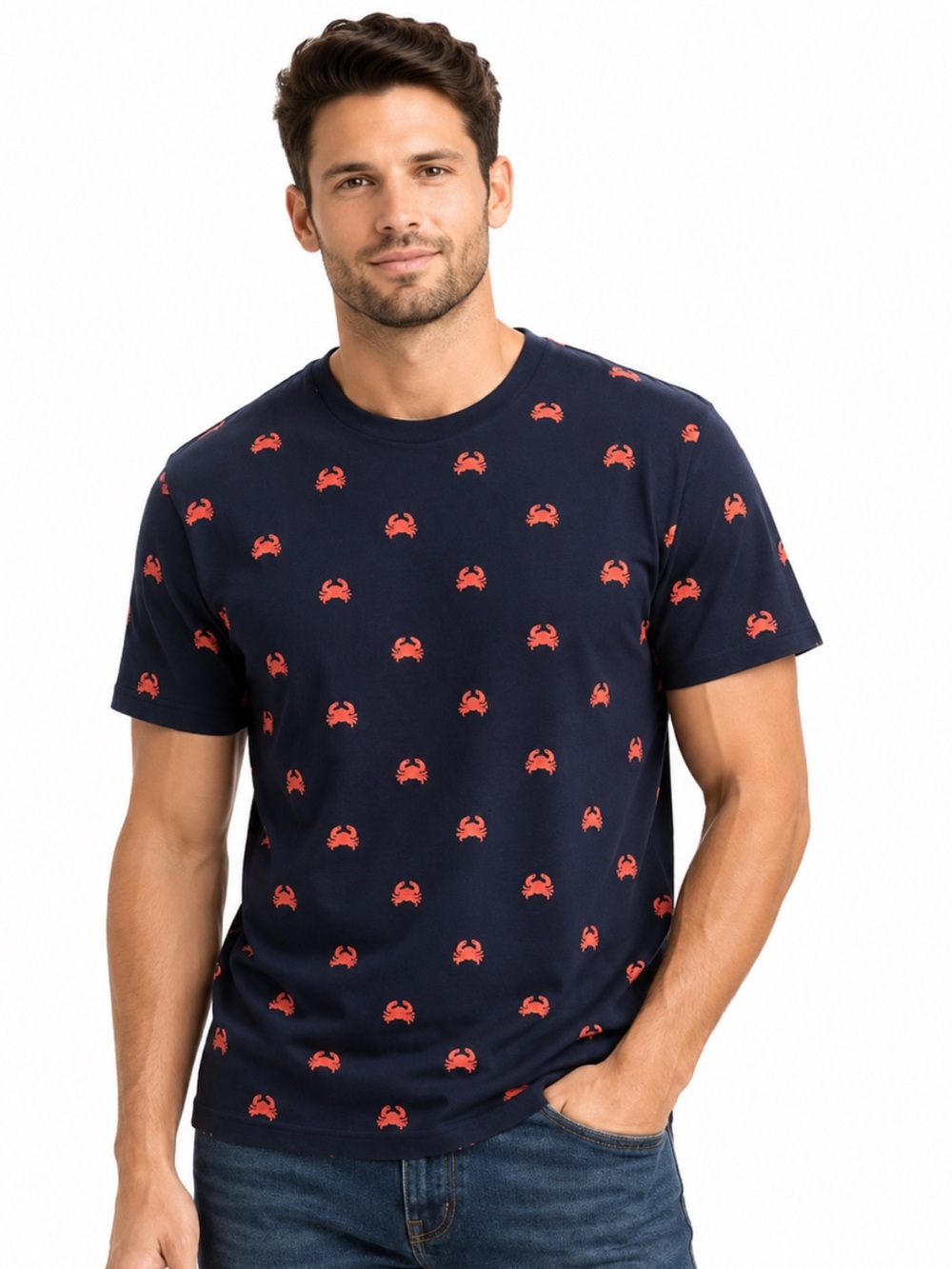 Broken Threads Navy Red Crab Print Short Sleeve T-Shirt Size M